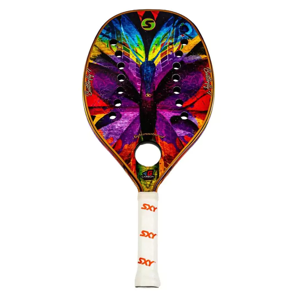 Shop Sexy Brand beach Tennis Paddles and Rackets at "iambeachtennis.com" a division of "iamracketsports.com". Racket Model Sexy Brand BUTTERFLY IV, High-Performance G-Carbon, MegaGrit surface, Eva Soft Core, weight 345g, 22 holes, f standing vertically.