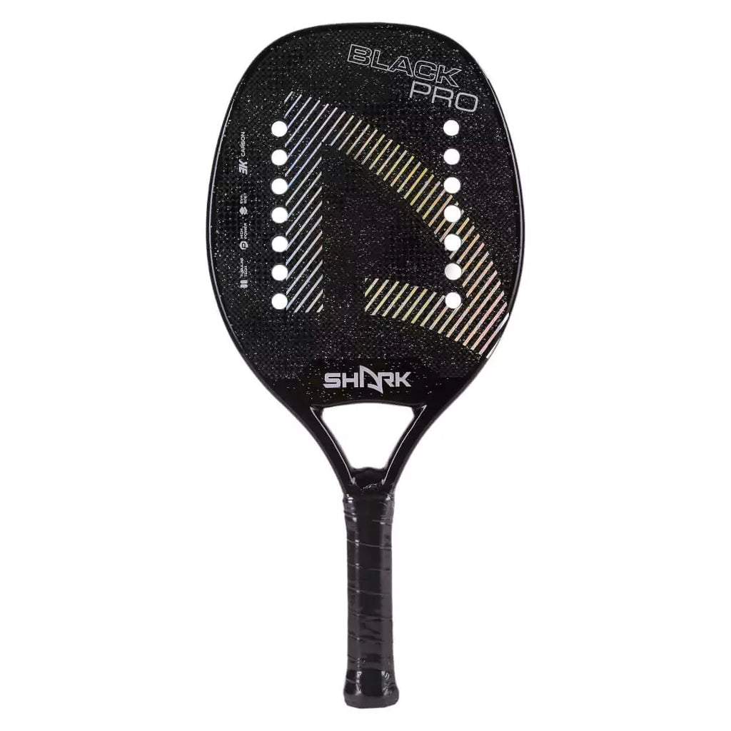 A Shark BLACK 2024 advanced Beach Tennis Racket. Carbon 3K, Eva Soft core, 22 mm, 330g, Micro-granules treated, find at iamRacketsports.com store.