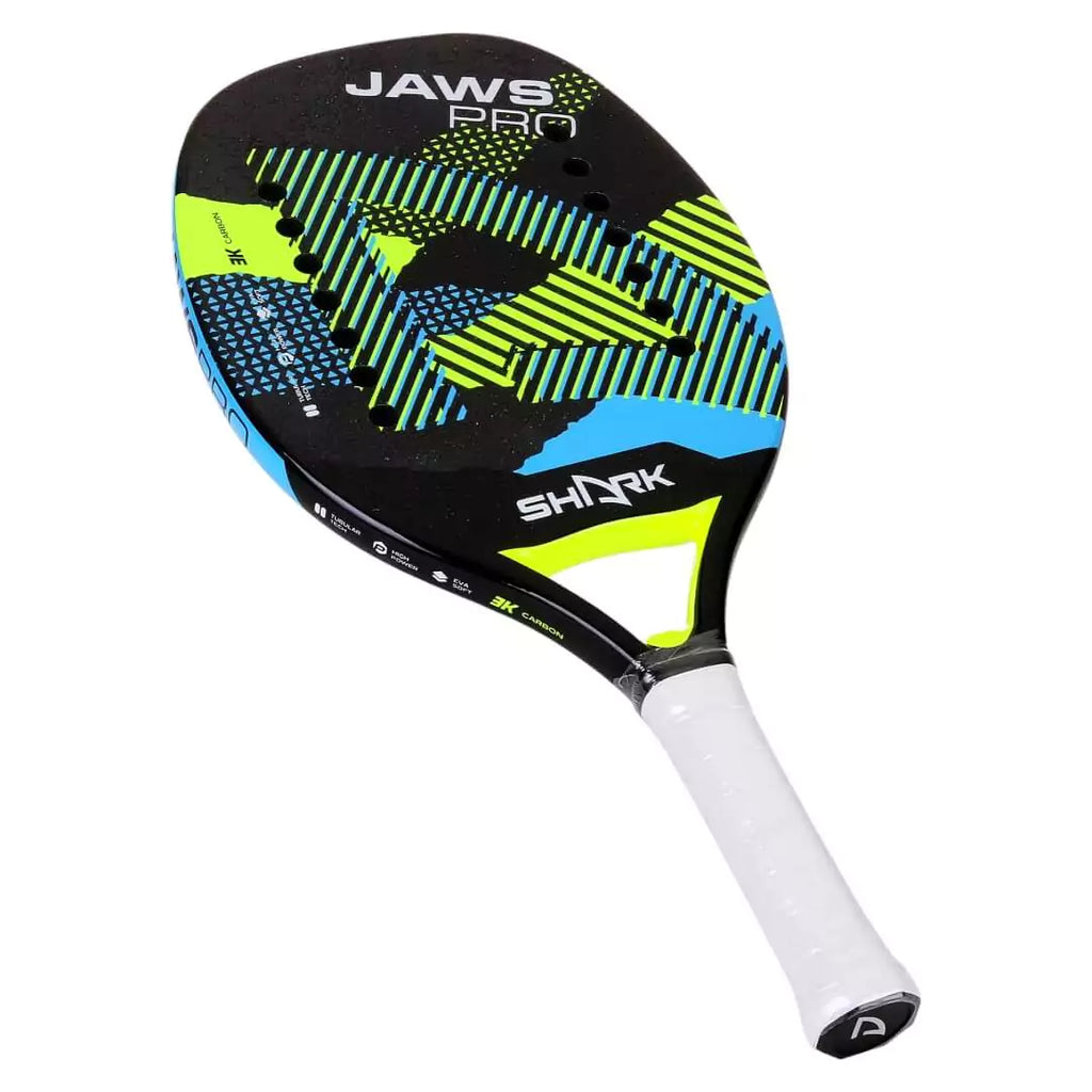 A Shark JAWS 2024 advanced Beach Tennis Racket. Carbon 3K , Eva Soft core ,21 mm, Micro-granules treated, purchase from iamBeachTennis.com, worldwide shippping.