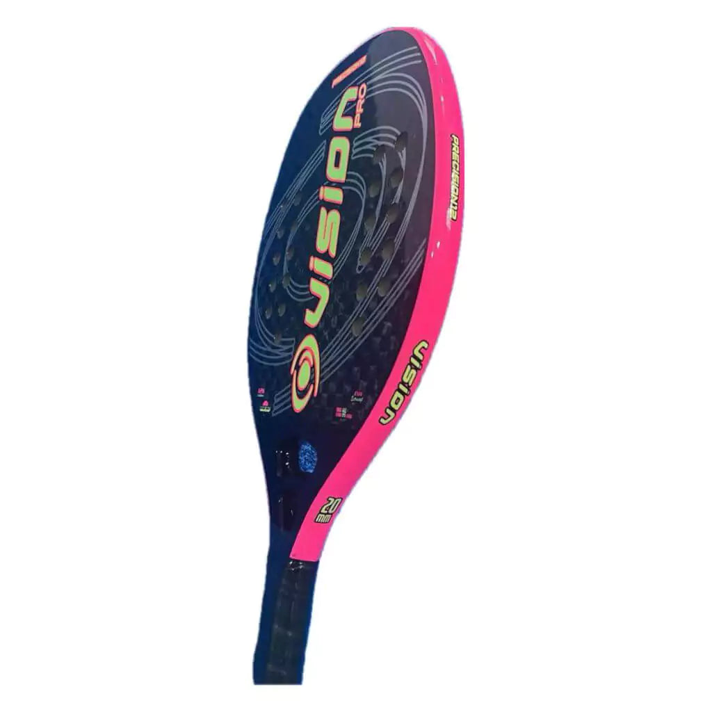 iamBeachTennis Boutique store. Vision Beach Tennis Paddle, model 2024. A Vision Precision 12 Beach Tennis Paddle Advanced, Professional Racket, raquete, vertical view left rotated of paddle face and pink edge. Paddle used by Maksimilians Andersons.