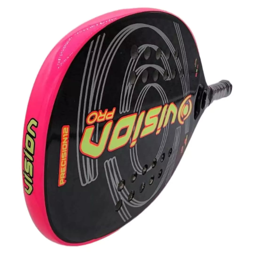 SPORT:BEACH TENNIS.iamBeachTennis miami shop. A Vision Precision 12 Beach Tennis Paddle Advanced, Professional Racket,  raquete, horizontal view of paddle face and pink edge.  Paddle used by Maksimilians Andersons.