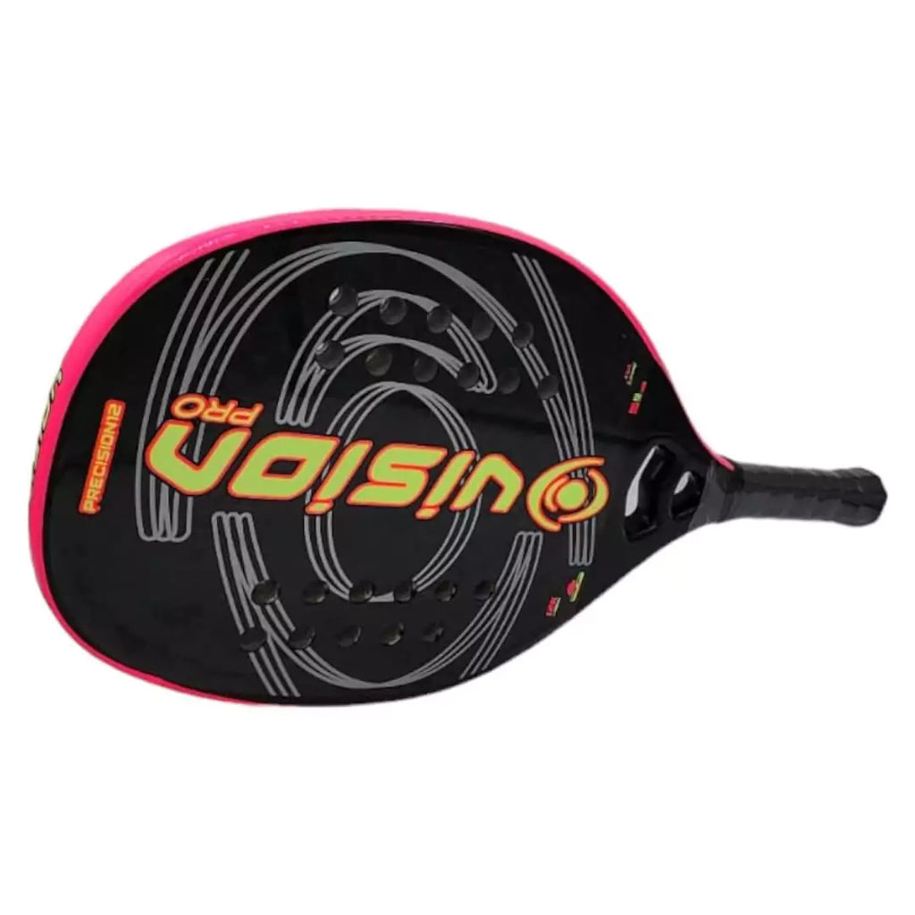 SPORT:BEACH TENNIS.iamBeachTennis Boutique store. A Vision Precision 12 Beach Tennis Paddle Advanced, Professional Racket,  raquete, horizontal view of paddle face and pink edge.  Paddle used by Maksimilians Andersons.
