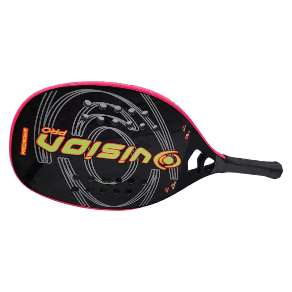 iamBeachTennis store. Vision Beach Tennis Paddle, year 2024. A Vision Precision 12 Beach Tennis Paddle Advanced, Professional Racket, raquete, tilted view of paddle face and pink edge. Paddle used by Maksimilians Andersons.