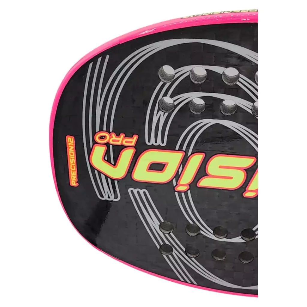 SPORT:BEACH TENNIS.Shop Vision Beach Tennis at  USA premier Racket and Paddle Sports store, "iamracketsports". A Vision Precision 12 Beach Tennis Paddle Advanced, Professional Racket,  raquete, horizontal view of paddle face and pink edge.  Paddle used by Maksimilians Andersons.