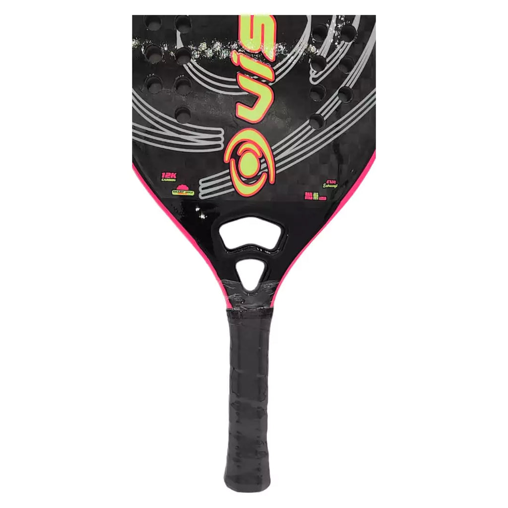 SPORT:BEACH TENNIS.  Shop Vision Beach Tennis at "iambeachtennis.com" a division of "iamracketsports.com". A Vision Precision 12 Beach Tennis Paddle Advanced, Professional Racket,  raquete, partial vertical view of paddle face and handle.  Paddle used by Maksimilians Andersons.