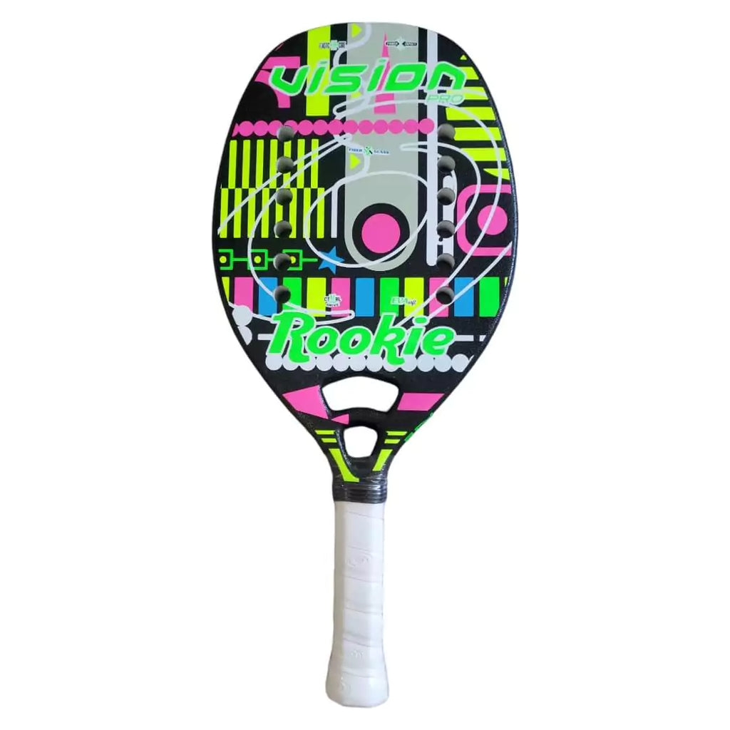Shop Vision Beach Tennis Rackets, Paddles, Balls and Accessories at iambeachtennis, shipping worldwide. Miami based boutique depot store - Racket model shown is a 2023 Vision Pro LIQUID Junior Beach Tennis Racket. Raquete is vertical.