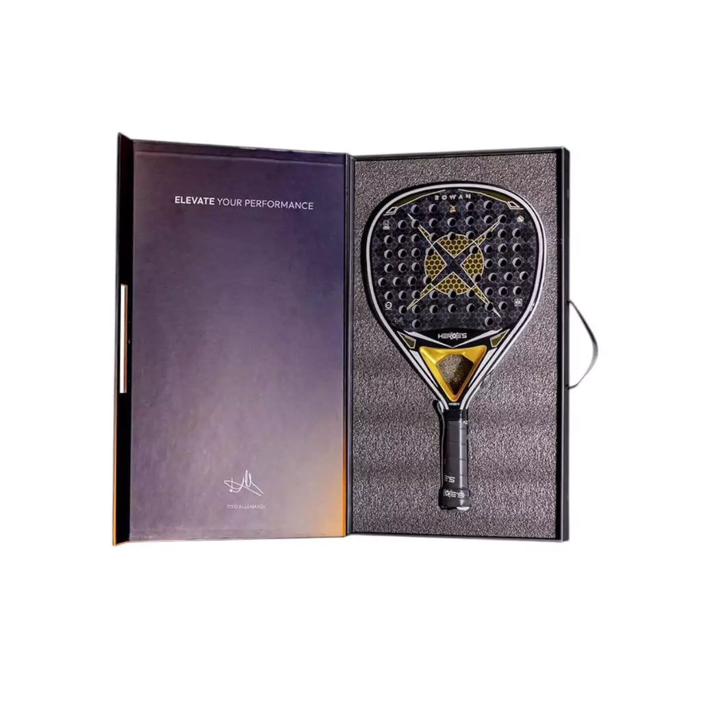 A boxed Heroes ROWAN 2025 Padel Racket. Purchase from iampadeltennis.com, online and instore, Miami USA.