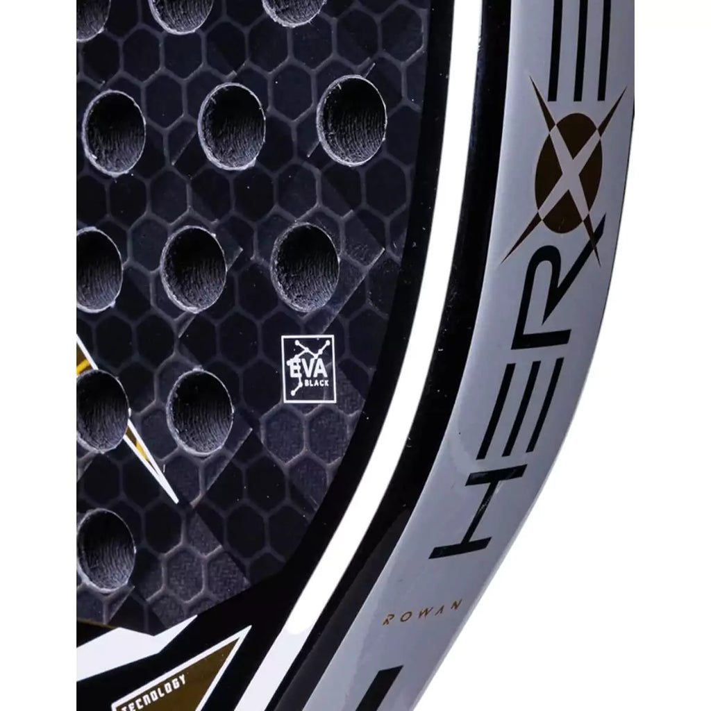 Edge of a Heroes ROWAN 2025 Padel Racket. Purchase from iampadeltennis.com, online and instore, Miami USA.