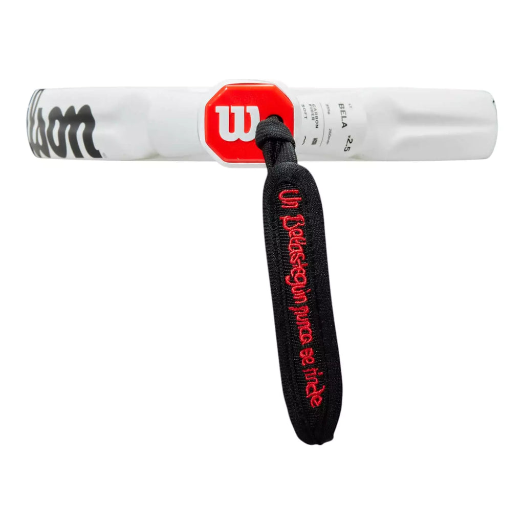 Handle and strap of a  Wilson Bela LT V2.5 Padel Racket, available from "iamRacketSports.com", online and in store, world wide shipping.

