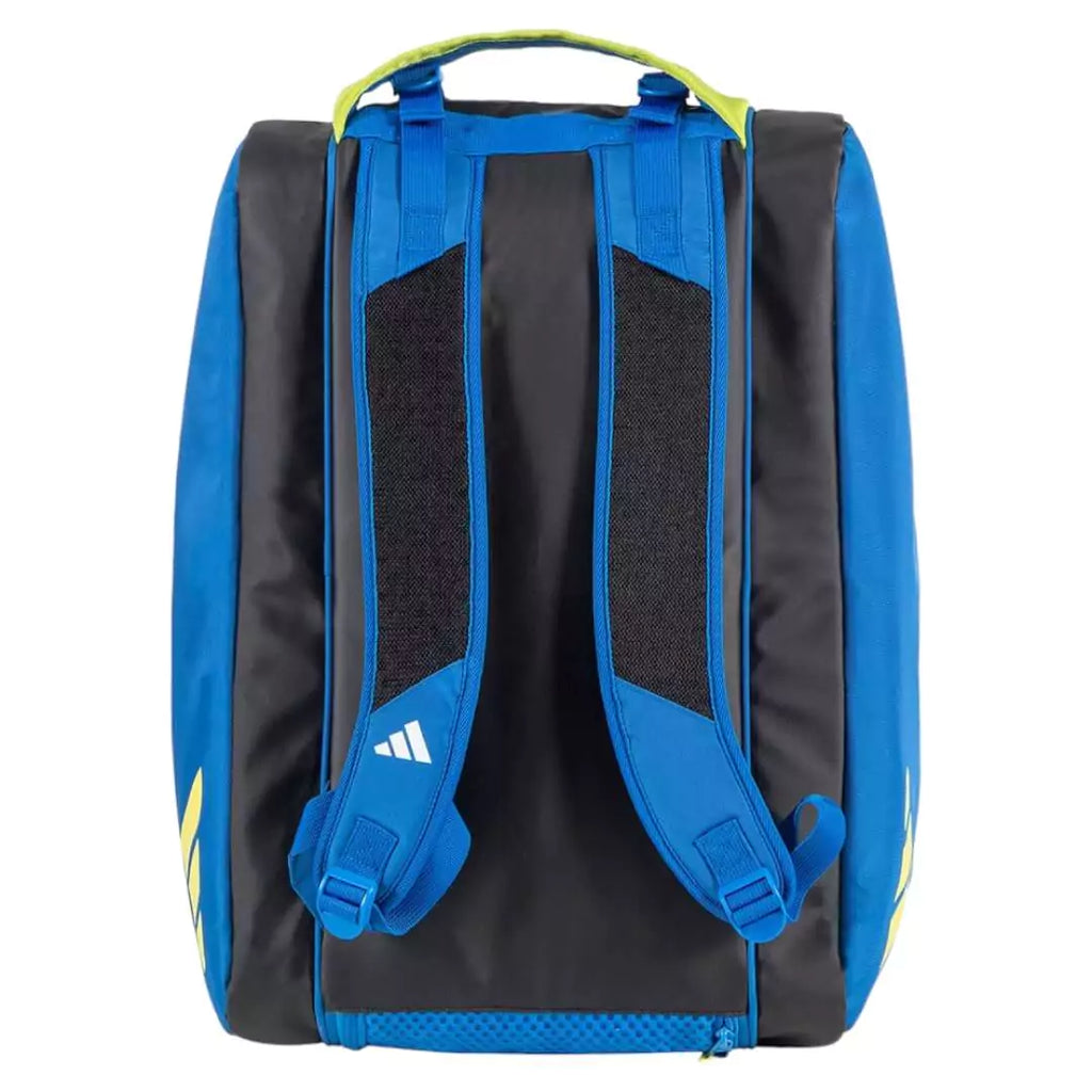 The back of a blue Adidas RACQUET BAG MULTIGAME 3.3,  available at iamracketsports.com.
