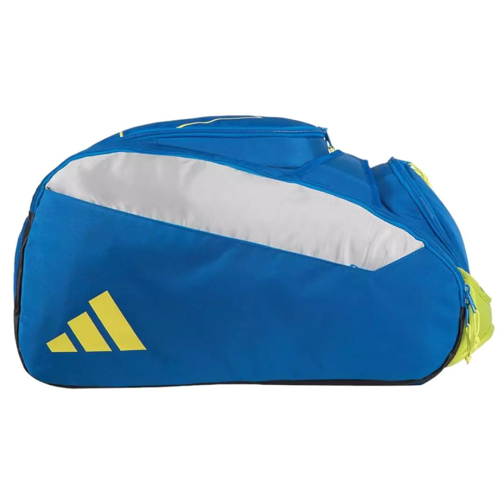 Side profile of the blue Adidas RACQUET BAG MULTIGAME 3.3,  available at iamracketsports.com.
