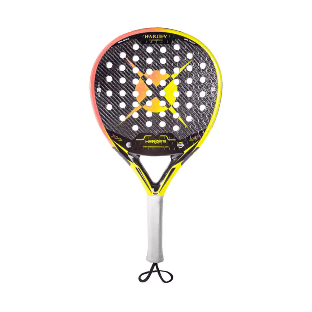 SPORT: PADEL. Shop Heroe's Brand Italia, Padel equipment at USA premier Racket and Paddle Sports store, "iamracketsports". Racket model is a Heroes HARLEY XT Professional PADEL racket/paddle for intermediate/advanced and professional players. Racquet/Paleta is in flat orientation. Head View.