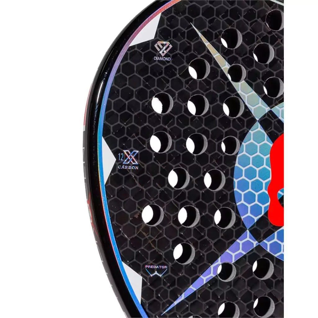 A partial view of the racket face of a iampadeltennis.com, store stocked, Heroes PREDATOR LTD HY 2024 Padel Racket.