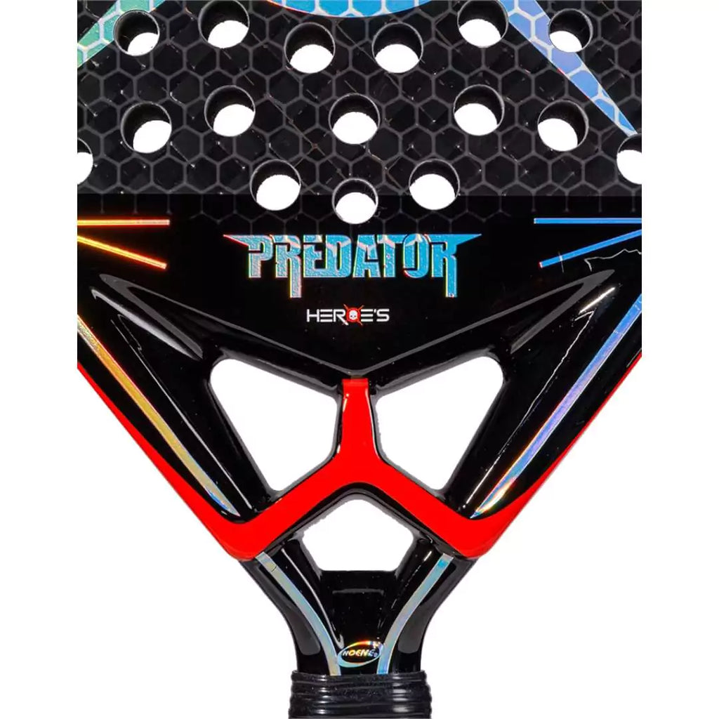 A partial view of  Heroes PREDATOR LTD HY 2024 Padel Racket, iampadeltennis.com, store stocked product. Carbon 12k face, Eva Super soft core, weight 350-370 grams, diamond shape.