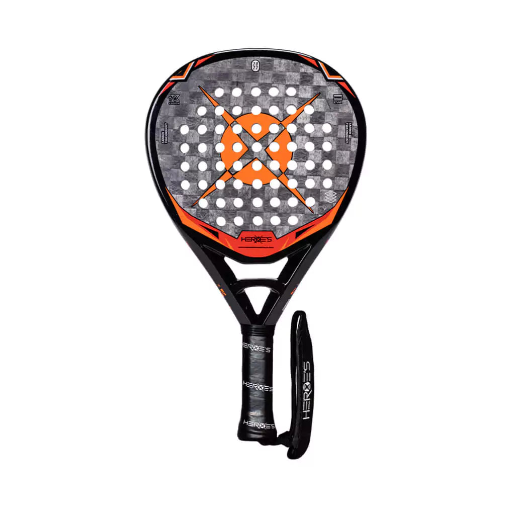 SPORT: PADEL. Shop Heroe's Brand Italia, Padel equipment at USA premier Racket and Paddle Sports store, "iamracketsports". Racket model is a Heroes VENOM Professional PADEL racket/paddle for intermediate/advanced and professional players. Racquet/Paleta is in flat orientation. Head View.