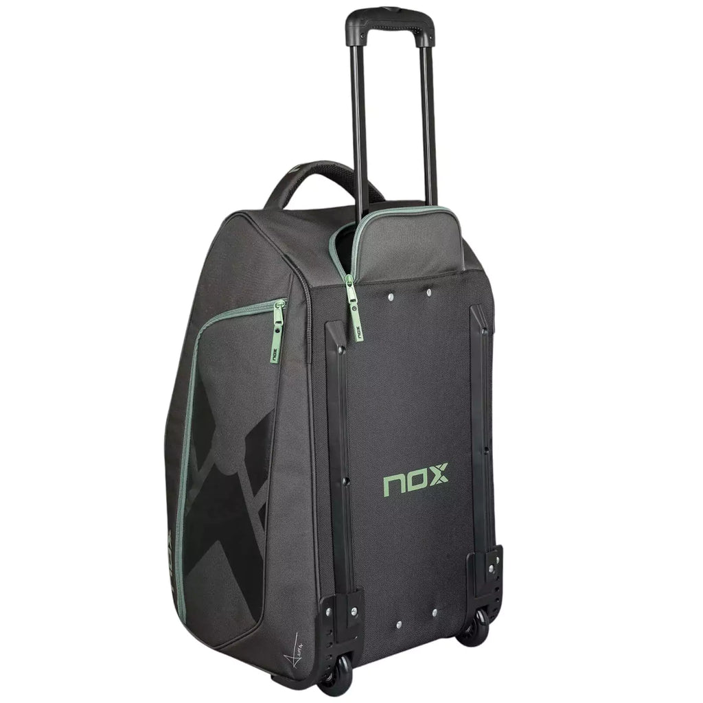 A standing Nox AT10 COMPETITION TROLLEY Padel bag, purchase from "iamracketsports.com", Miami shop.

