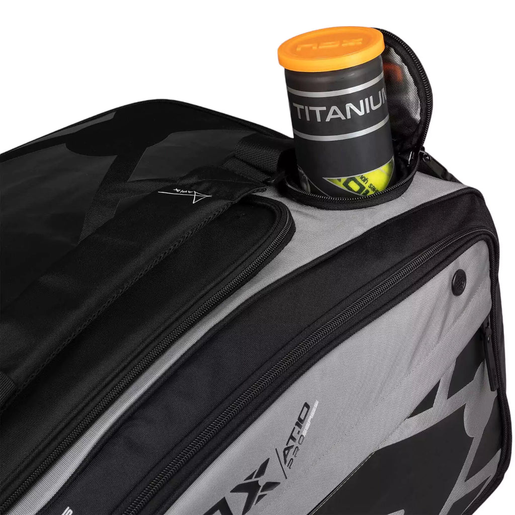 A Nox AT10 COMPETITION XL COMPACT 2024 Racket bag, open ball compartment, available from "iamracketsports.com", Miami shop.
