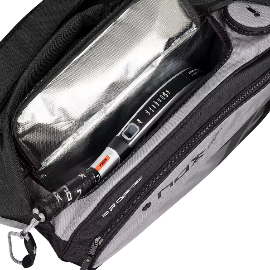 A Nox AT10 COMPETITION XL COMPACT 2024 Racket bag, with open racket compartment, available from "iamracketsports.com", Miami shop.
