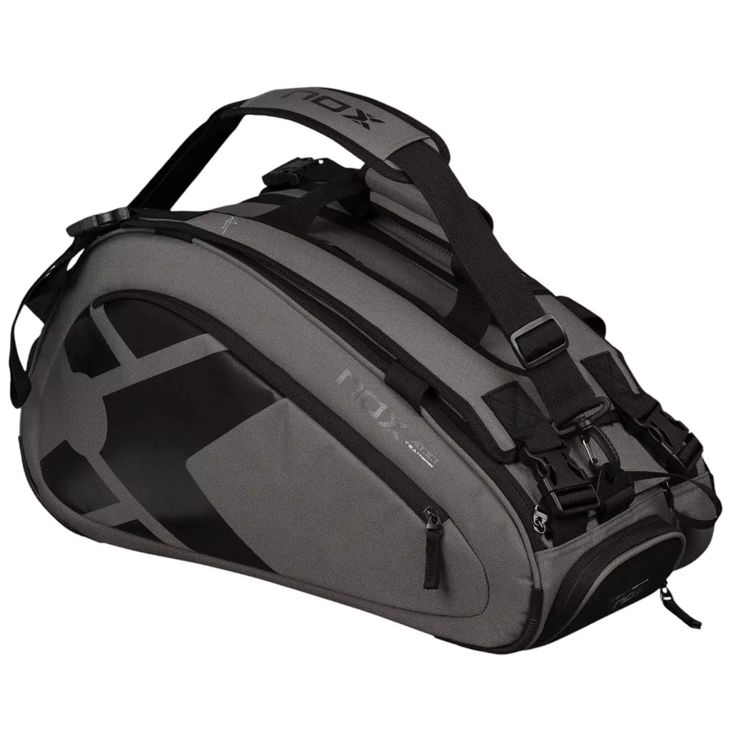 A gray and black, Nox AT10 TEAM Padel Racket Bag, available from "iamracketsports.com", Miami shop.