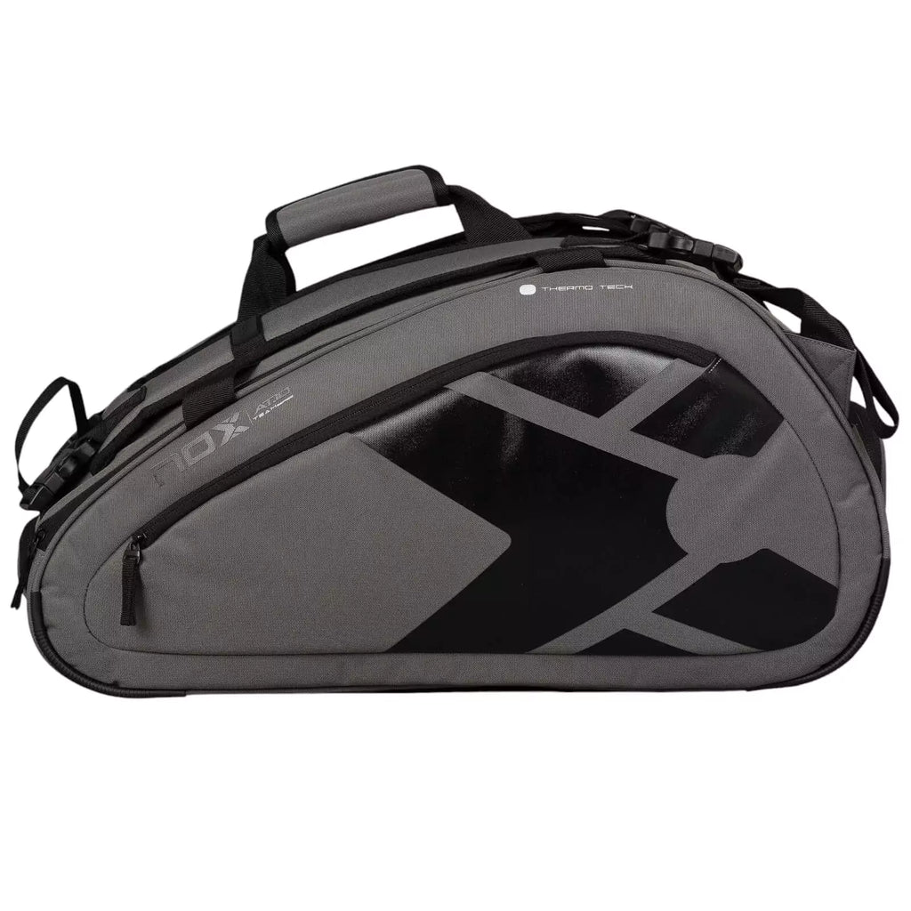 A gray and black, Nox AT10 TEAM Padel Racket Bag, available from "iamracketsports.com", Miami shop.