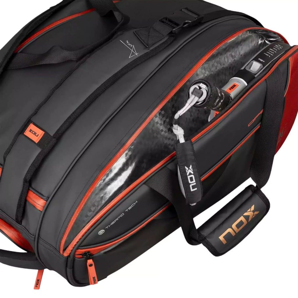 A open racket compartment of a Nox LUXURY OPEN SERIES Padel Racket Bag, purchase from "iamracketsports.com", Miami shop.