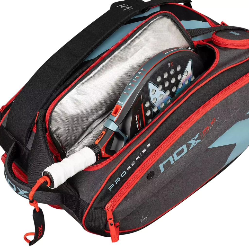 A Nox ML10 COMPETITION XL COMPACT 2024 Racket bag with open racket compartment, available from "iamracketsports.com", Miami shop.
