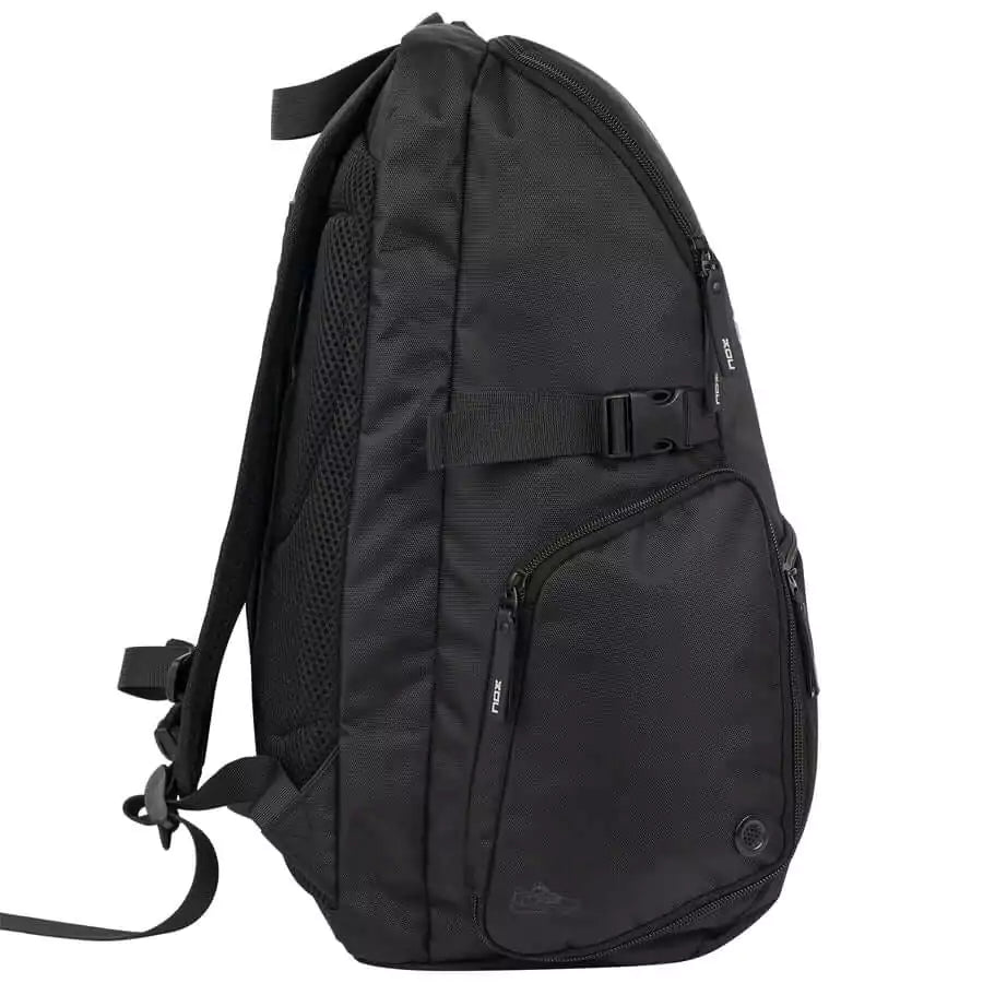 A side profile of  Nox STREET URBAN BLACK Backpack, shop Nox for at iamRacketSports.com.