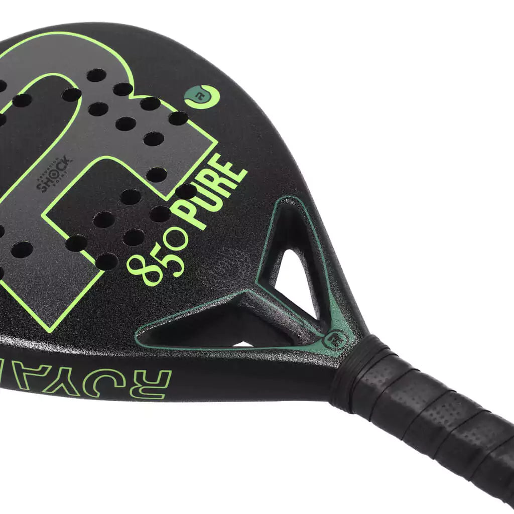 SPORT: PADEL. Shop Royal Padel at USA premier Racket and Paddle Sports store, "iamracketsports". Racket model is a Royal Padel RP 850 PURE 2023 Padel Racket  intermediate players. Racquet/Paleta is in face and neck view.