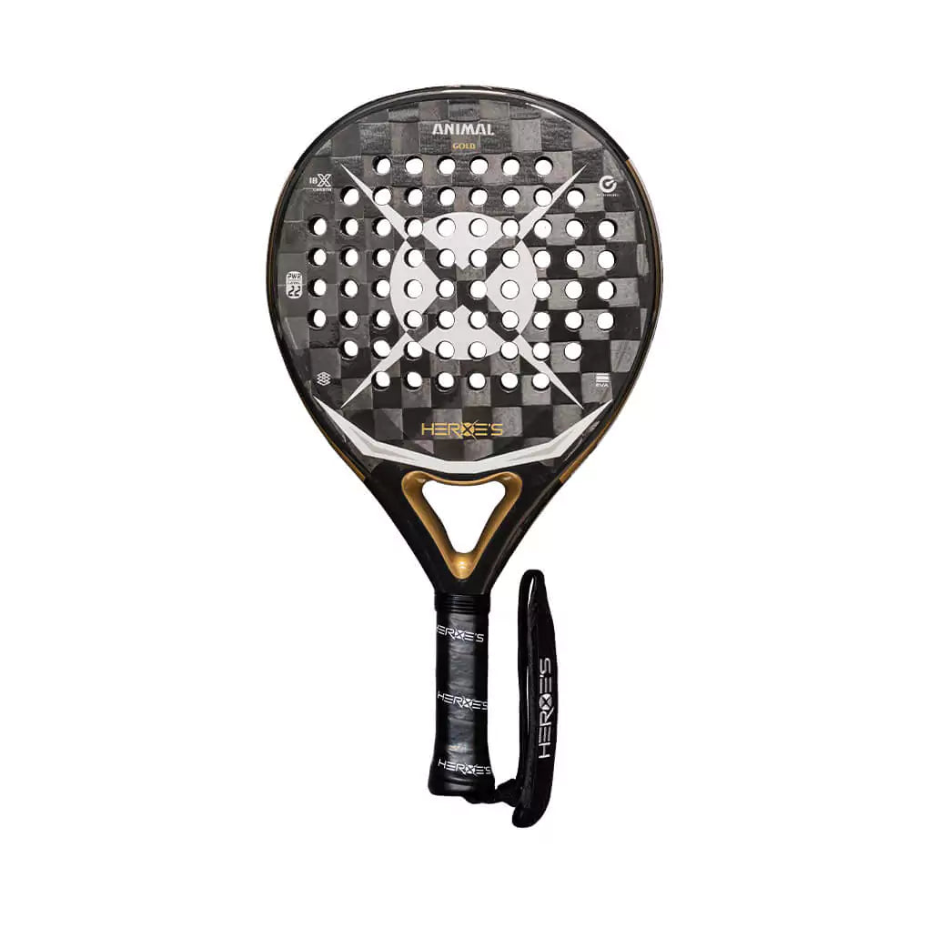 SPORT: PADEL. Shop Heroe's Brand Italia, Padel equipment at USA premier Racket and Paddle Sports store, "iamracketsports". Racket model is a Heroes ANIMAL PWR Professional PADEL racket/paddle for advanced and professional players. Racquet/Paleta is in flat orientation. Head View.