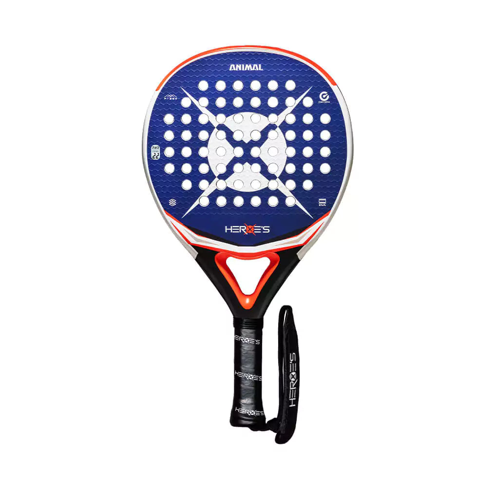 SPORT: PADEL. Shop Heroe's Brand Italia, Padel equipment at USA premier Racket and Paddle Sports store, "iamracketsports". Racket model is a Heroes ANIMAL XT Intermediate PADEL racket/paddle for beginner and intermediate players. Racquet/Paleta is in flat orientation. Head View.