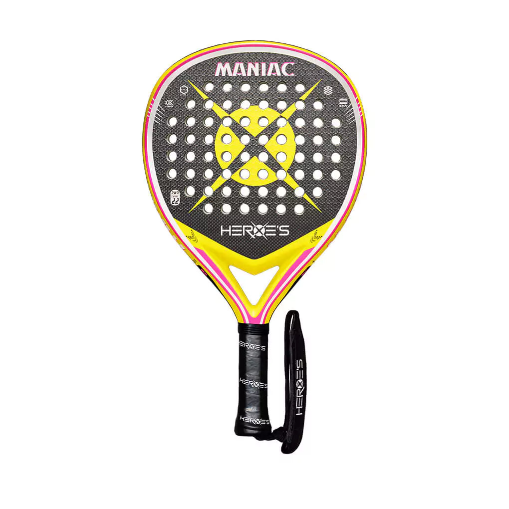  SPORT: PADEL. Shop Heroe's Brand Italia, Padel equipment at USA premier Racket and Paddle Sports store, "iamracketsports". Racket model is a Heroes Maniac PWR Advanced PADEL racket/paddle for advanced players. Racquet/Paleta is in flat orientation. Head View.