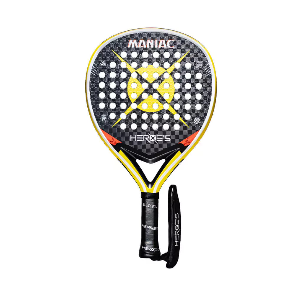 SPORT: PADEL. Shop Heroe's Brand Italia, Padel equipment at USA premier Racket and Paddle Sports store, "iamracketsports". Racket model is a Heroes Maniac XT Advanced PADEL racket/paddle for advanced players. Racquet/Paleta is in flat orientation. Head View.