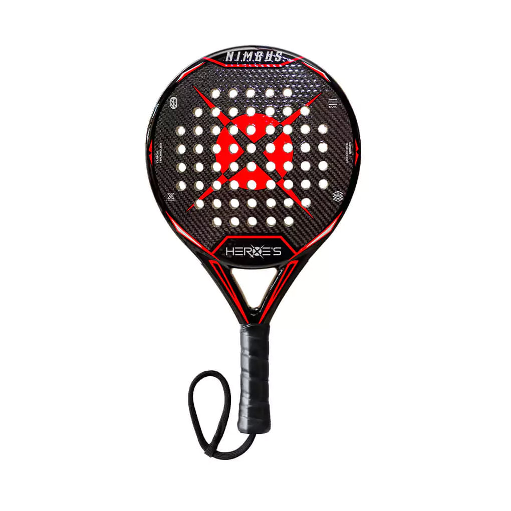  SPORT: PADEL. Shop Heroe's Brand Italia, Padel equipment at USA premier Racket and Paddle Sports store, "iamracketsports". Racket model is a Heroes Nimbus Beginner PADEL racket/paddle for beginner  players. Racquet/Paleta is in flat orientation. Head View.