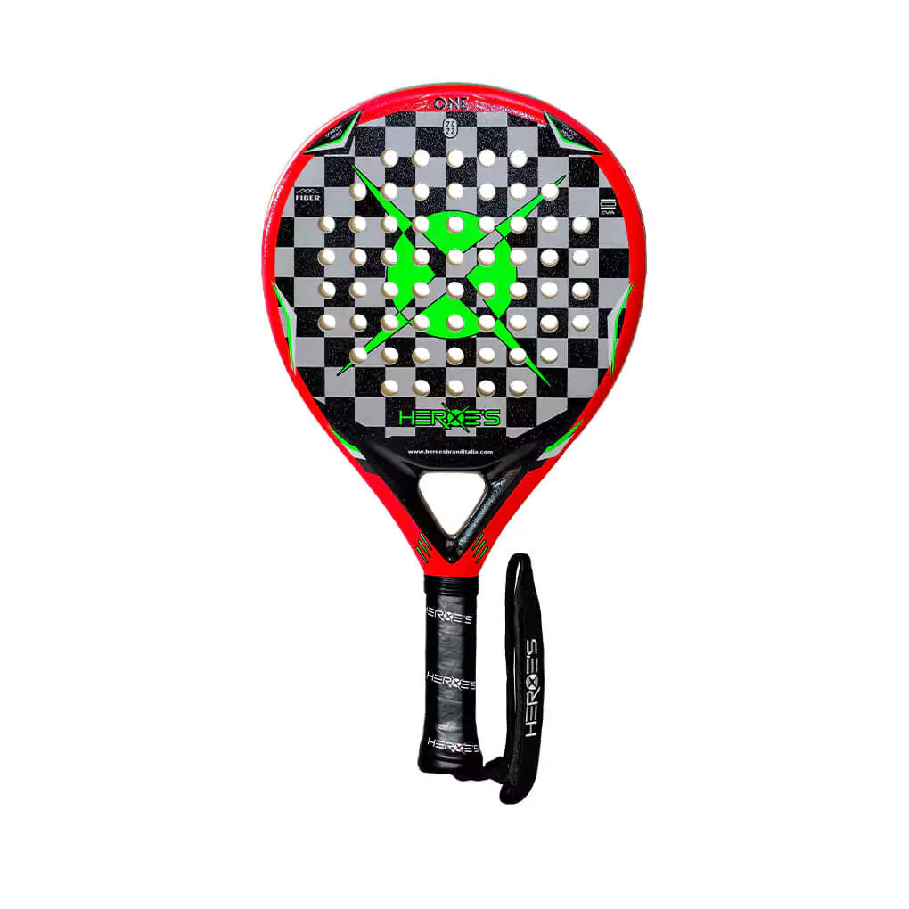 SPORT: PADEL. Shop Heroe's Brand Italia, Padel equipment at USA premier Racket and Paddle Sports store, "iamracketsports". Racket model is a Heroes One Beginner PADEL racket/paddle for beginner  players. Racquet/Paleta is in flat orientation. Head View.