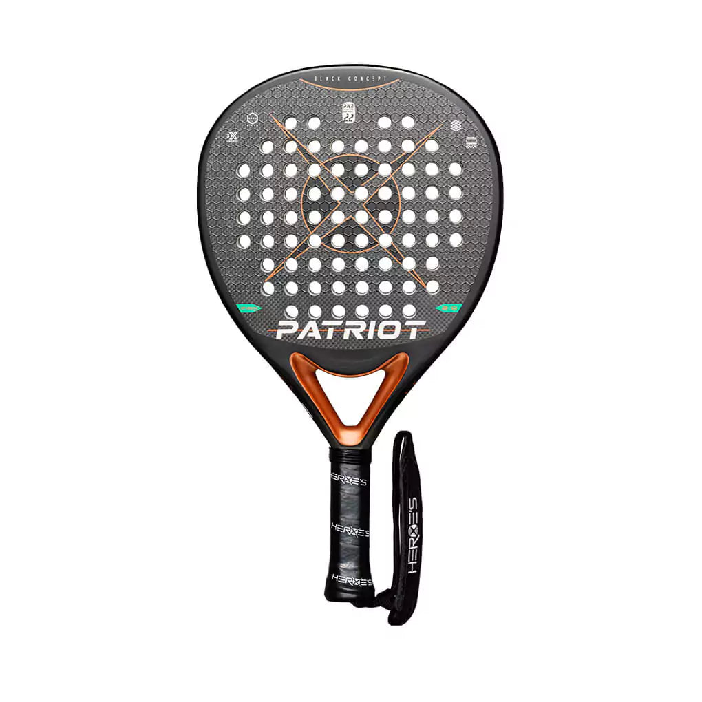 SPORT: PADEL. Shop Heroe's Brand Italia, Padel equipment at USA premier Racket and Paddle Sports store, "iamracketsports". Racket model is a Heroes PATRIOT PWR Advanced PADEL racket/paddle for advanced players. Racquet/Paleta is in flat orientation. Head View.