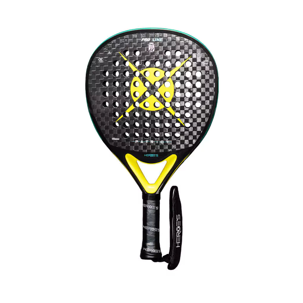 SPORT: PADEL. Shop Heroe's Brand Italia, Padel equipment at USA premier Racket and Paddle Sports store, "iamracketsports". Racket model is a Heroes PATRIOT XT Advanced PADEL racket/paddle for advanced players. Racquet/Paleta is in flat orientation. Head View.