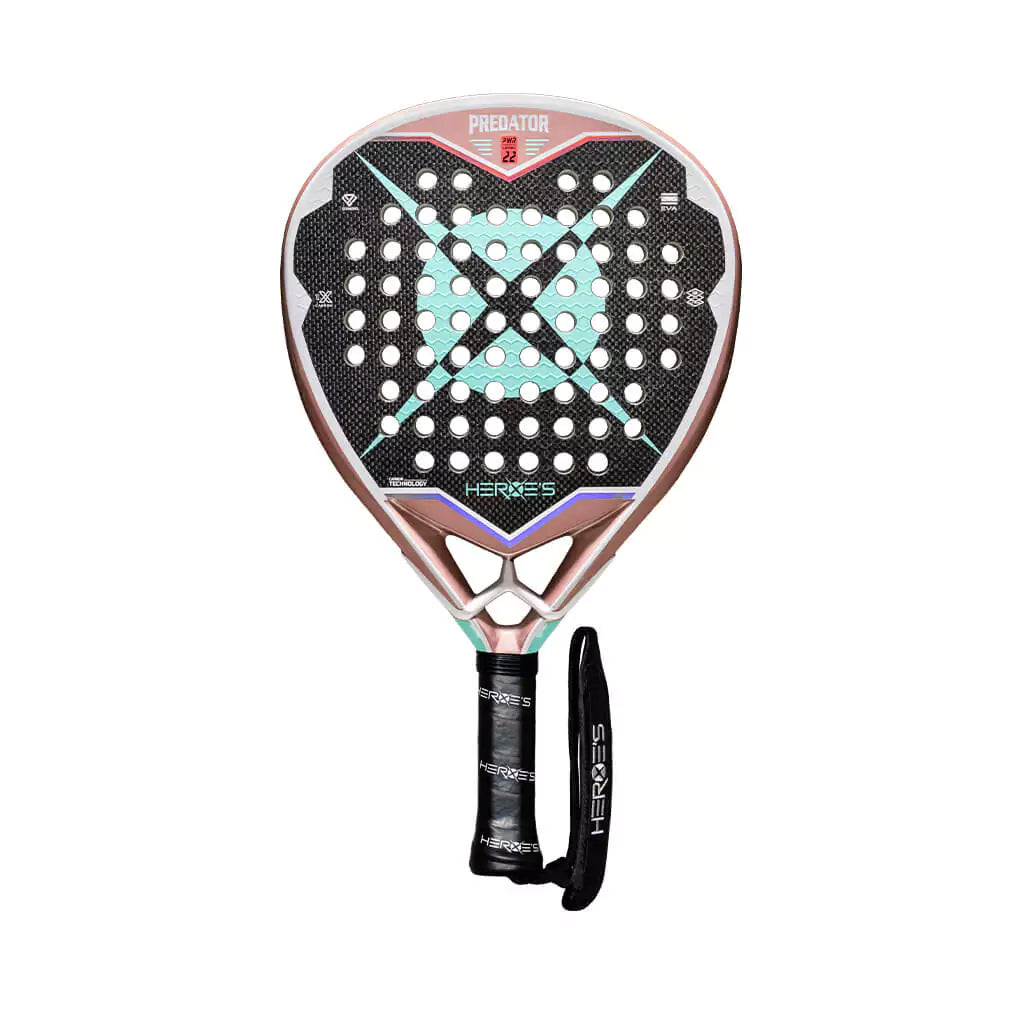 SPORT: PADEL. Shop Heroe's Brand Italia, Padel equipment at USA premier Racket and Paddle Sports store, "iamracketsports". Racket model is a Heroes PREDATOR PWR Professional PADEL racket/paddle for advanced and professional players. Racquet/Paleta is in flat orientation. Head View.