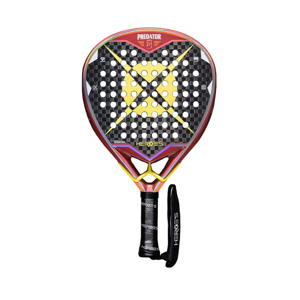 SPORT: PADEL. Shop Heroe's Brand Italia, Padel equipment at USA premier Racket and Paddle Sports store, "iamracketsports". Racket model is a Heroes PREDATOR XT Professional PADEL racket/paddle for advanced and professional players. Racquet/Paleta is in flat orientation. Head View.