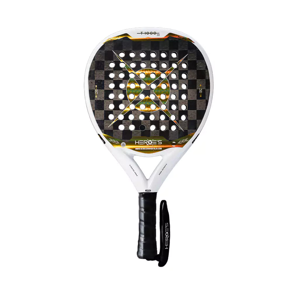 SPORT: PADEL. Shop Heroe's Brand Italia, Padel equipment at USA premier Racket and Paddle Sports store, "iamracketsports". Racket model is a Heroes T1000 PWR Advanced PADEL racket/paddle for advanced players. Racquet/Paleta is in flat orientation. Head View.