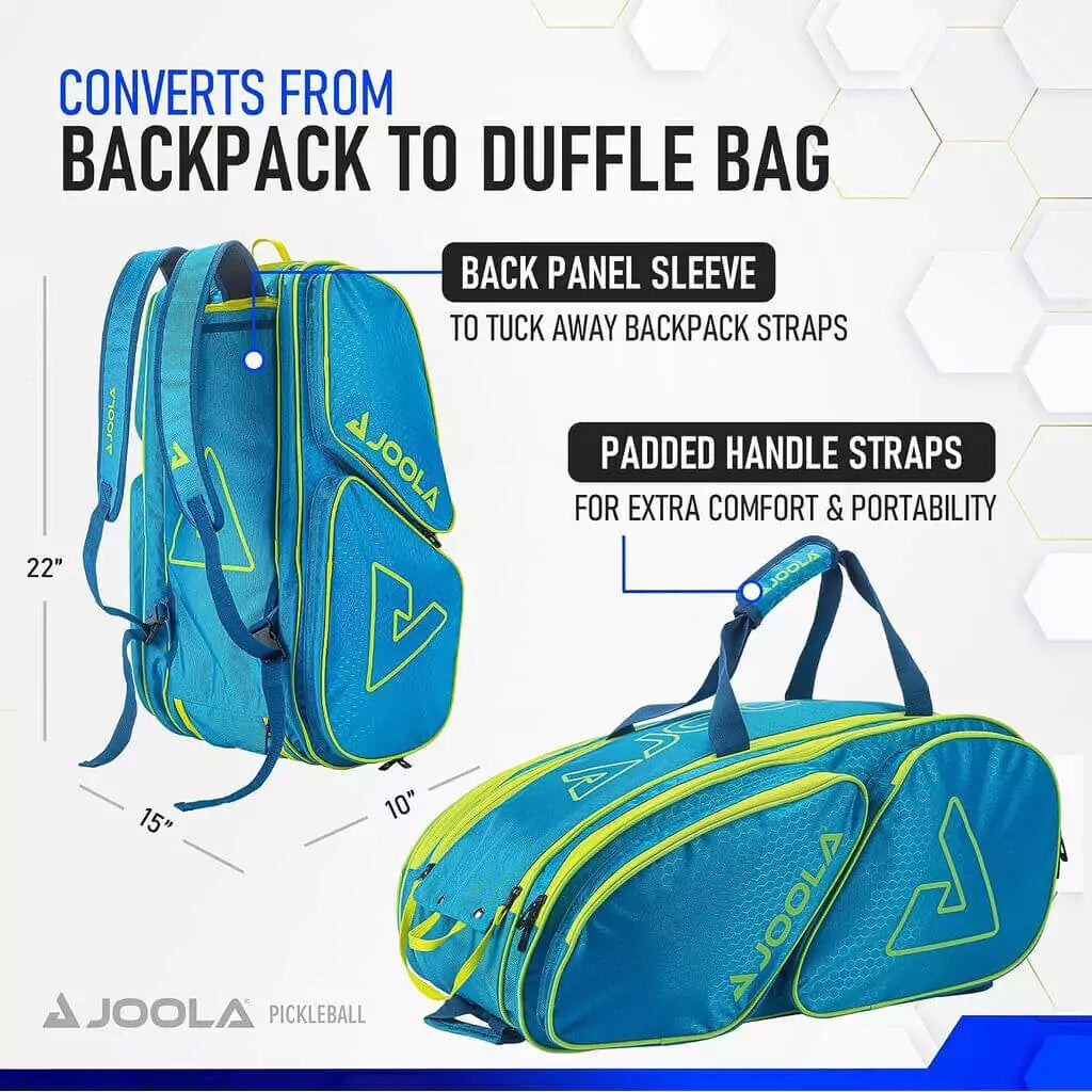 SPORT: PICKLEBALL. Shop Pickleball Paddles and Bags at "iamPickleball.store" a division of "iamracketsports.com". 2023 Joola Tour Elite Pickleball Duffle/Backpack Bag in Blue and Yellow infographic.