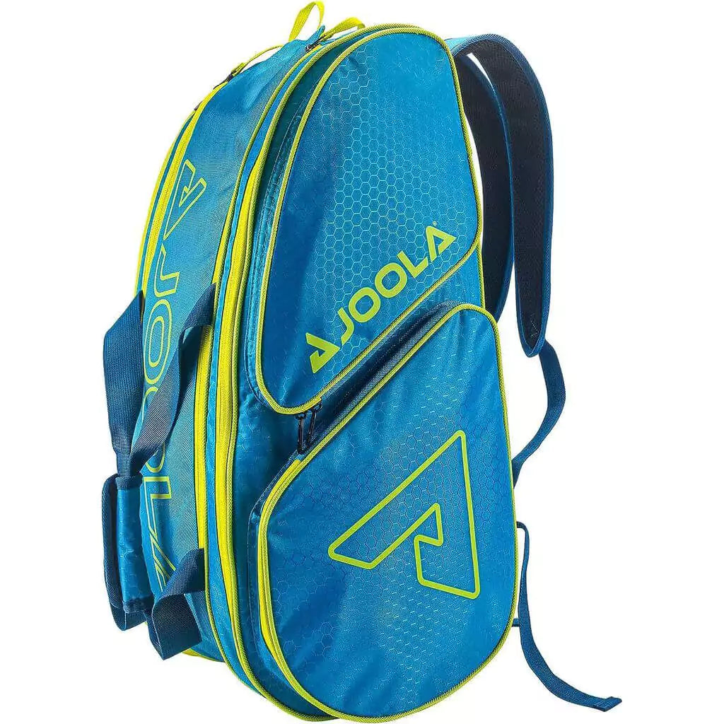 SPORT: PICKLEBALL. Shop Pickleball Paddles and Bags at "iamPickleball.store" a division of "iamracketsports.com". 2023 Joola Tour Elite Pickleball Duffle/Backpack Bag in Blue and Yellow. Bag in vertical orientation.