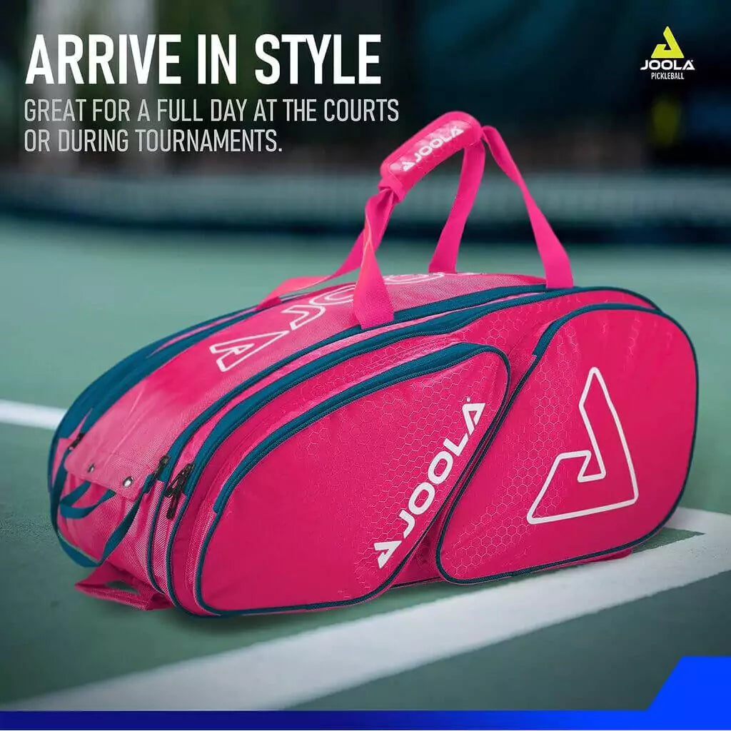 SPORT: PICKLEBALL. Shop Pickleball Paddles and Rackets at "iam-Pickleball.com" a division of "iamracketsports.com". 2023 Joola Tour Elite ProPickleball Duffle/Backpack Bag in Hot Pink inforgraphic.
