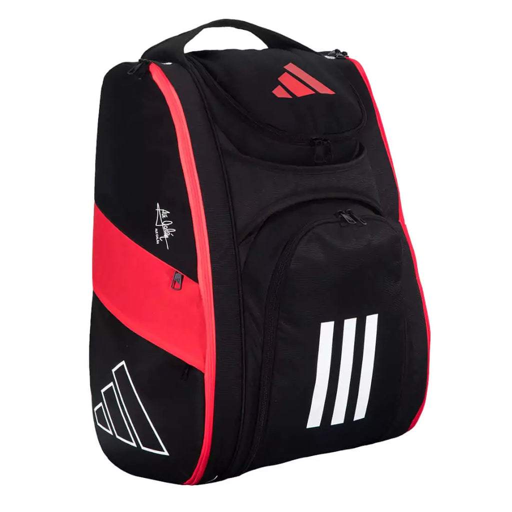 SPORTS:ALL  Shop Adidas at "iamPickleball.store" a division of "iamracketsports.com". Adidas Black/Red RACQUET BAG MULTIGAME 3.2 in synthetic leather with two side  pockets for rackets / racquets, separate pocket  for clothing  and shoe compartment. Padded shoulder straps. Front and side profile.