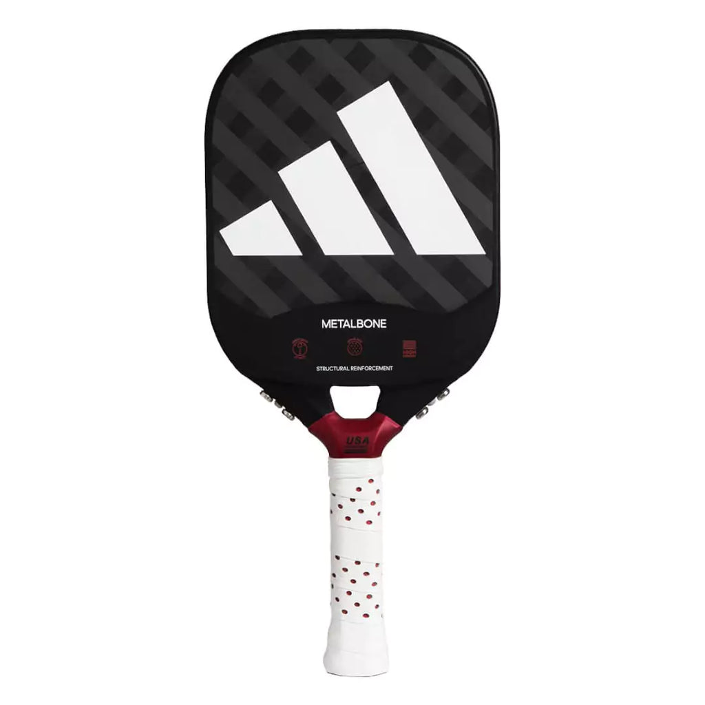 Shop pickleball paddles at iamRacketSports.com Colisium Store.   Adidas METALBONE 3.2 Pickleball Paddle, Advanced, Professional Racket,Paddle, 13mm thickness, Carbon Fiber C18 surface, Monocoque Carbon Fiber edge , weight 8oz, extra long grip, black and white coloring, standing vertically.