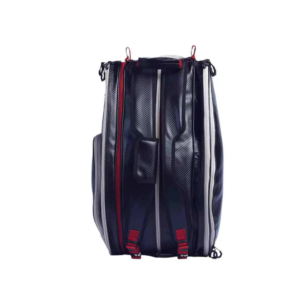 SPORT:PICKLEBALL.  Shop at iamPickleball.store for CRBN bags. Top view of the black  CRBN Pro Team Tour pickleball Bag 2.0.
