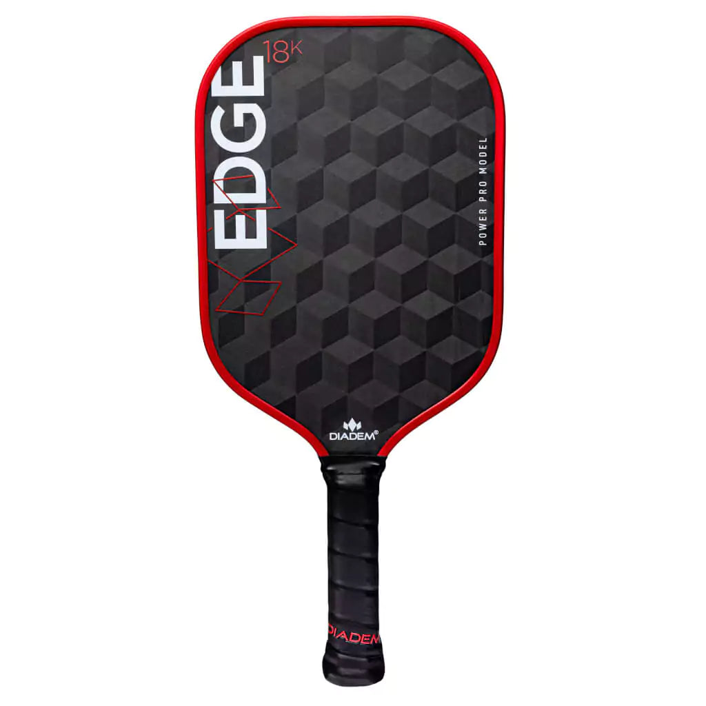 SPORT: PICKLEBALL. Shop Pickleball Paddles and Bags at "iamPickleball.store" a division of "iamracketsports.com". 2023 Diadem Edge 18k Power Pro pickleball paddle with red edge guard and checker black and grey face, black grip standing vertical. Front.