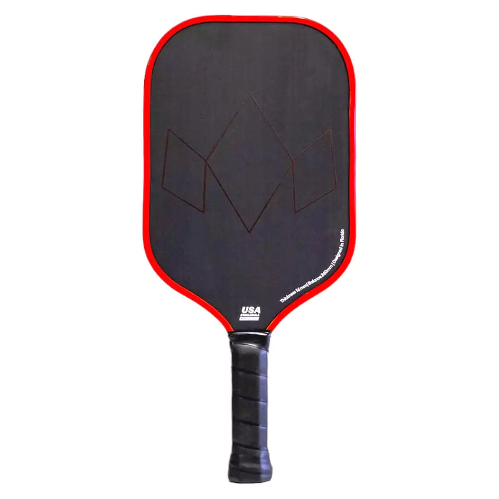 SPORT: PICKLEBALL. Shop Diadem Sports Pickleball at "iam-Pickleball.com"  warehouse. Racket model is a 2023 Diadem Warrior Edge advanced/professional Pickleball Paddle in orange. Paddle is in vertical position. Back of paddle.