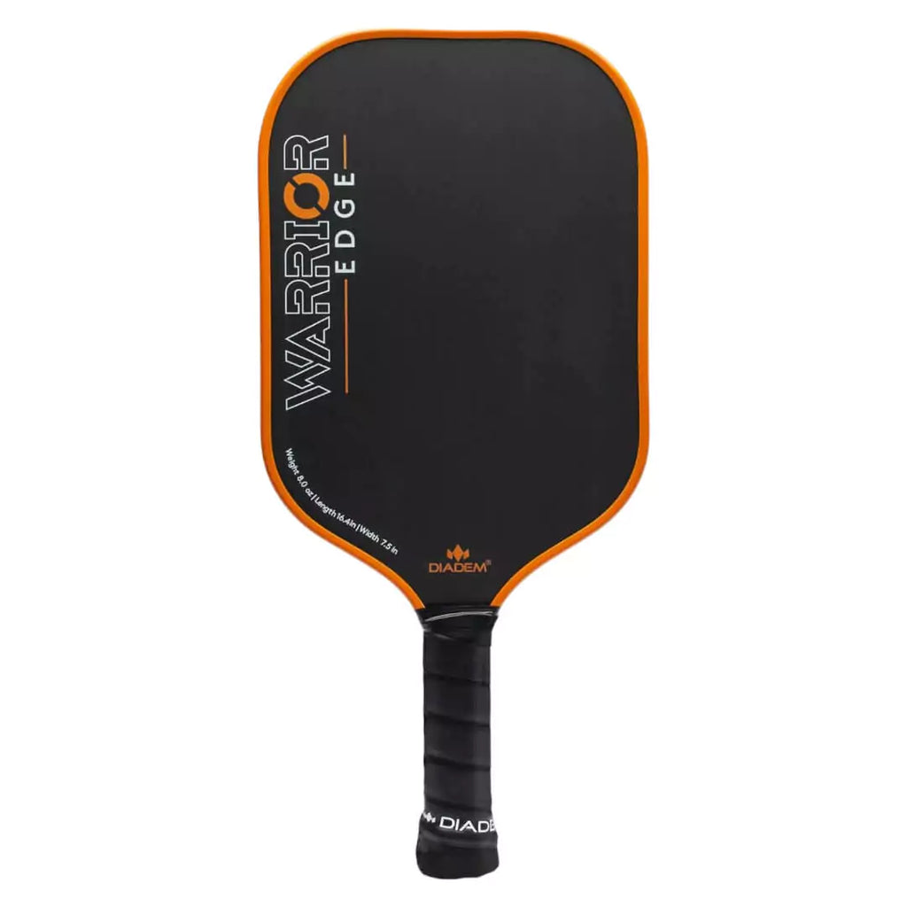 SPORT: PICKLEBALL. Shop Diadem Sports Pickleball at "iam-Pickleball.com" a division of "iamracketsports.com". Racket model is a 2023 Diadem Warrior Edge advanced/professional Pickleball Paddle in orange. Paddle is in vertical position. 