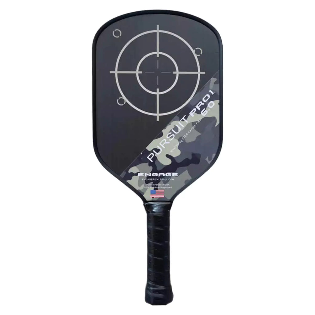 A Engage Pursuit Pro1 6 Power Series Pickleball Paddle with a camouflage design. Purchase from "iamRacketSPorts.com".