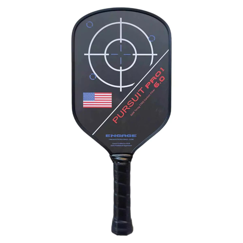 A Engage Pursuit Pro1 6 Power Series Pickleball Paddle ,red, white and blue coloring. Purchase from "iamPickleball.store".